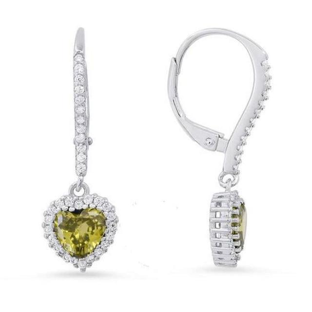 Womens Sterling Silver Heart-Cut Peridot Cubic Zirconia Halo Leverback Earrings