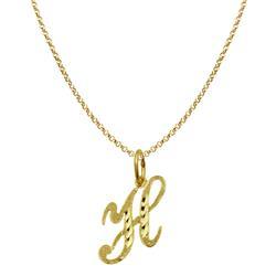 16 in. 14K Yellow Gold Diamond-Cut Cursive Letter Initial H Pendant with 1.2 mm Rolo Chain