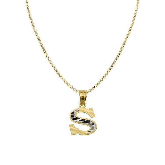 20 in. 14K Two Tone Gold Diamond-Cut Initial Letter S Pendant with 1.2 mm Rolo Chain