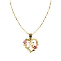 16 in. 14K Two Tone Gold Flower & Heart-Shaped Initial N Pendant with 1.2 mm Rolo Chain