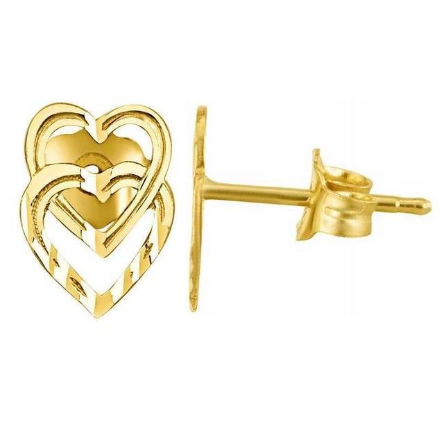 14K Yellow Gold Diamond-Cut Double Heart Earring Studs