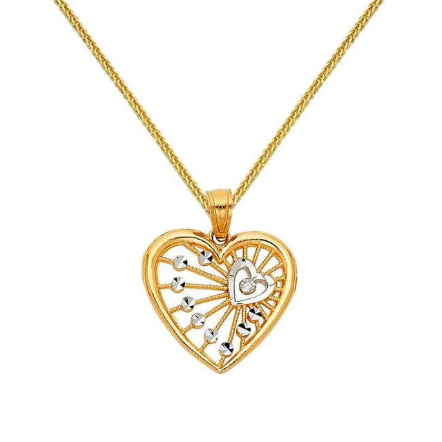 Jewelry 14k Two-tone Gold CubiC Zircona Heart Pendant with 0.8-mm Yellow Gold Square Wheat Chain