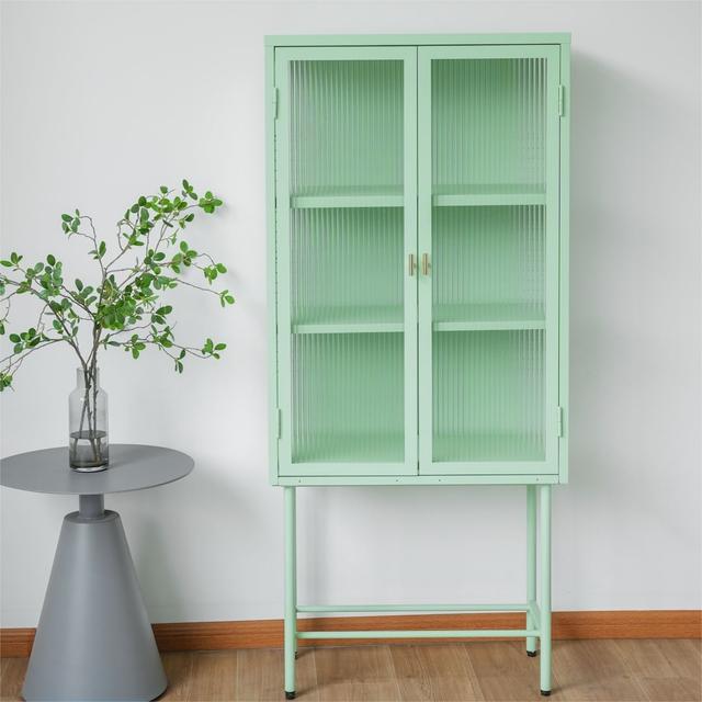 DW-DC55-LG-GD Modern Solid Color Matte Glass Storage Cabinet with Adjustable Shelves, Green