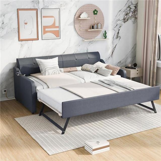 Grey Twin Size Upholstery DayBed with Trundle Bed and USB Charging