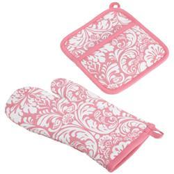 Design Imports CAMZ74202 Pink Damask Oven Mitt & Potholder Set
