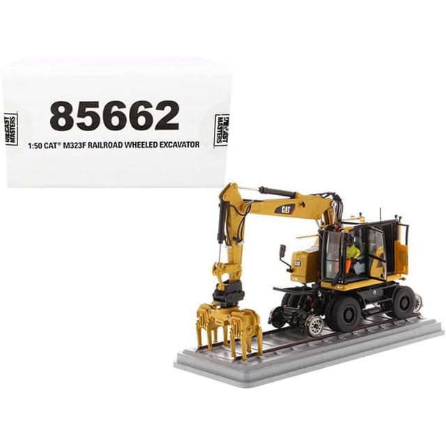 CAT Caterpillar M323F Railroad Wheeled Excavator with Operator & 3 Work Tools CAT Yellow Version High Line Series 1-50 Diecast Model Car