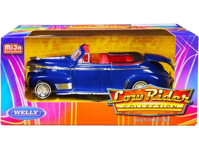 1-24 Scale Special Deluxe Convertible Candy 1941 Chevrolet Diecast Model Car with Interior Low Rider Collection&#44; Metallic Blue & Red