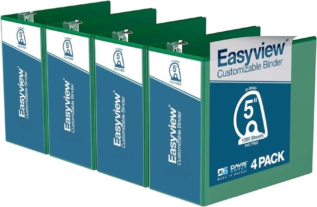 Easyview Premium, Angle D Ring, Customizable, View Binder, 4 Pack (Green, 5')