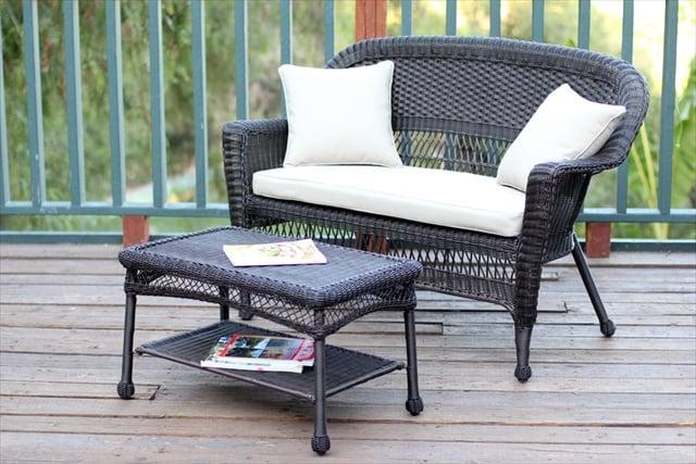 W00201-LCS006 Espresso Wicker Patio Love Seat And Coffee Table Set With Tan Cushion
