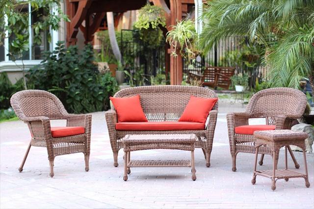 W00205-G-OT-FS018 5 Piece Honey Wicker Conversation Set - Red Orange Cushions