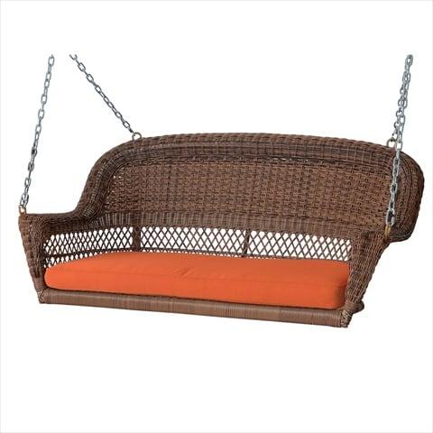 W00205S-C-FS016 Honey Wicker Porch Swing With Orange Cushion