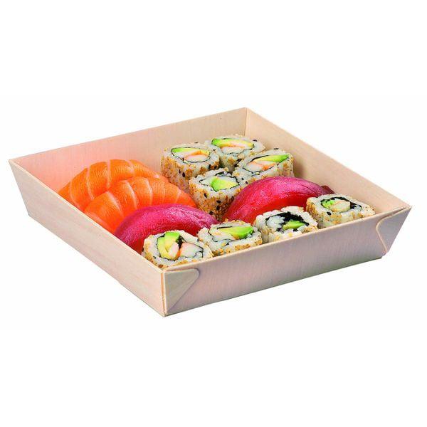 Square Samurai Wooden Tray - Pack of 100 Natural Wood Color 6.6 x 6.6 x 1.41 in. 28 oz. Capacity