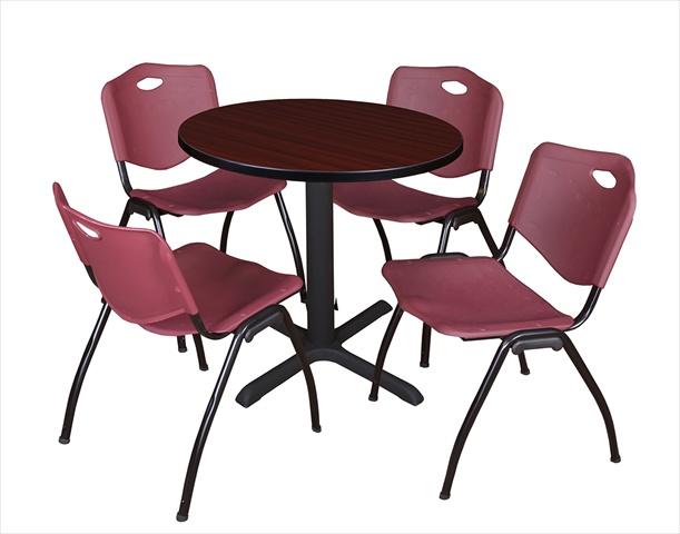 30 In. Round Laminate Table - Mahogany & Cain Base With 4 Burgundy M Stack Chairs