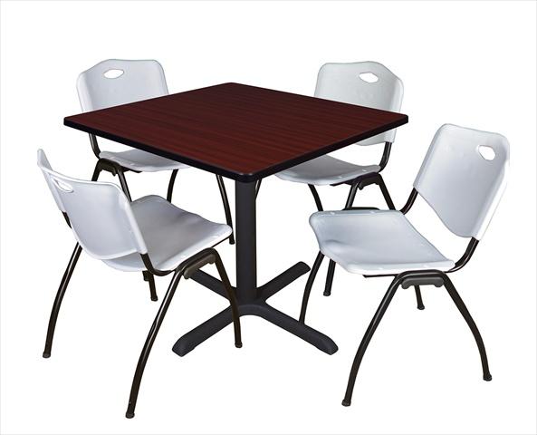 42 In. Square Laminate Table - Mahogany & Cain Base With 4 Grey M Stack Chairs