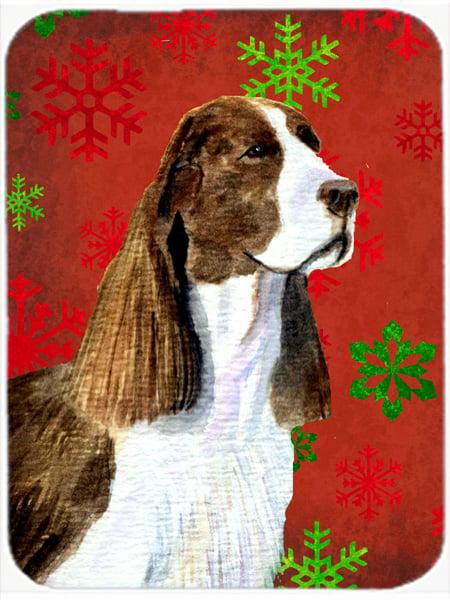Springer Spaniel Red and Green Snowflakes Christmas Glass Cutting Board - Large- 15 H x 12 L in.
