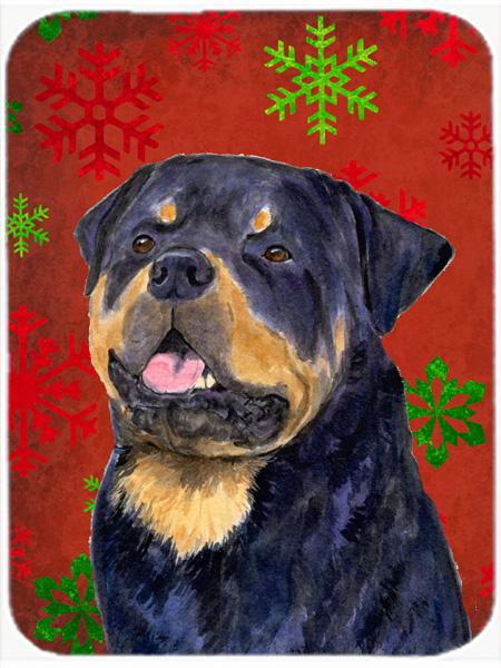 SS4731LCB Rottweiler Red and Green Snowflakes Holiday Christmas Glass Cutting Board - Large- 15 H x 12 L in.