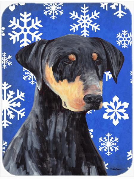 SC9377LCB Doberman Winter Snowflakes Holiday Glass Cutting Board - Large