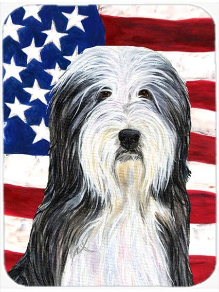 USA American Flag With Bearded Collie Glass Cutting Board - Large