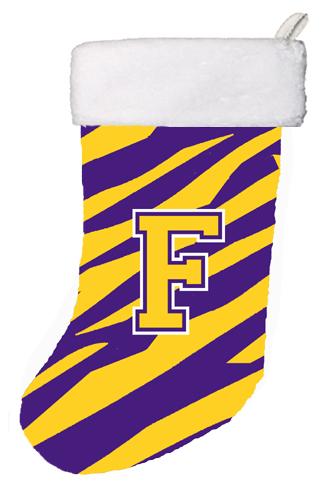 CJ1022-F-CS 11 x 18 in. Tiger Stripe - Purple Gold Initial F Monogram Initial Christmas Stocking
