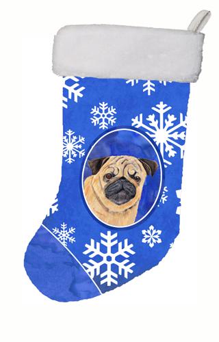 11 x 18 in. Pug Winter Snowflakes Christmas Stocking
