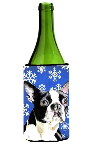 SC9360LITERK Boston Terrier Winter Snowflakes Holiday Wine bottle sleeve Hugger - 24 oz.