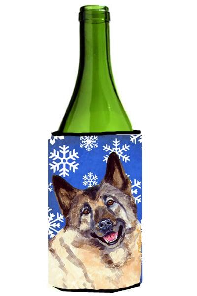 LH9308LITERK Norwegian Elkhound Winter Snowflakes Holiday Wine bottle sleeve Hugger