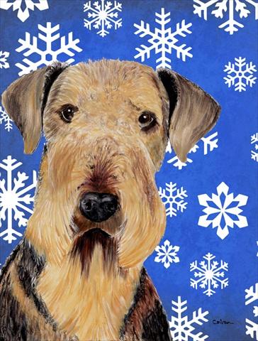 SC9373CHF 28 x 40 in. Airedale Winter Snowflakes Holiday House Size Canvas Flag