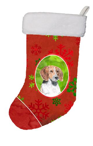 English Foxhound Red Snowflakes Holiday Christmas Stocking- - 11 x 8 In.