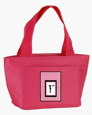 CJ1001-F-PK-8808 Monogram Letter F - Pink Black Polka Dots Lunch Bag or Doggie Bag