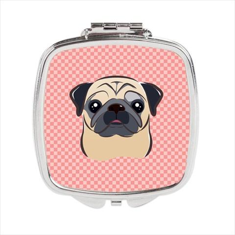Checkerboard Pink Fawn Pug Compact Mirror, 2.75 x 3 x .3 In.