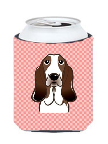 BB1243CC Checkerboard Pink Basset Hound Can Or Bottle Hugger- 12 Oz.