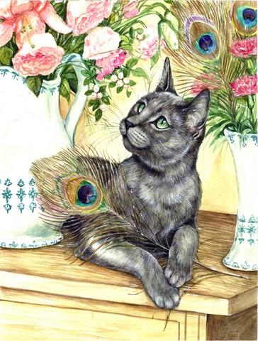 Cat & Peacock Feathers Flag Canvas House Size