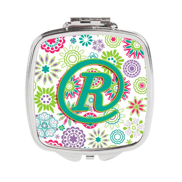 Letter R Flowers Pink Teal Green Initial Compact Mirror
