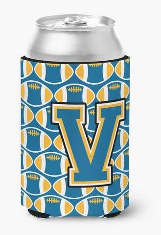 CJ1077-VCC Letter V Football Blue & Gold Can or Bottle Hugger, 0.25 x 4 x 5.5 in.