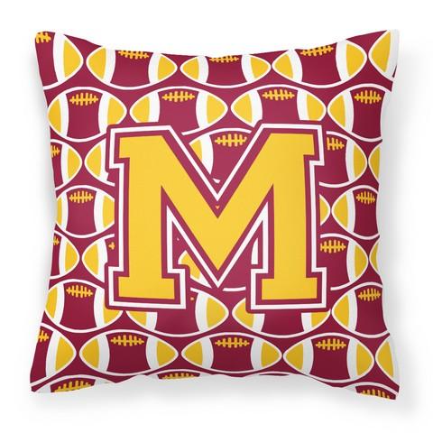 CJ1081-MPW1414 Letter M Football Maroon & Gold Fabric Decorative Pillow