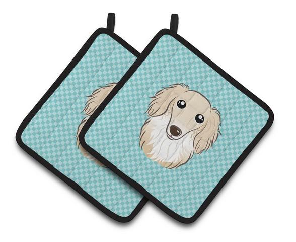 Checkerboard Blue Longhair Creme Dachshund Pair of Pot Holders - 7.5 x 3 x 7.5 in.