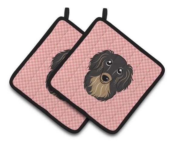 Checkerboard Pink Longhair Black & Tan Dachshund Pair of Pot Holders