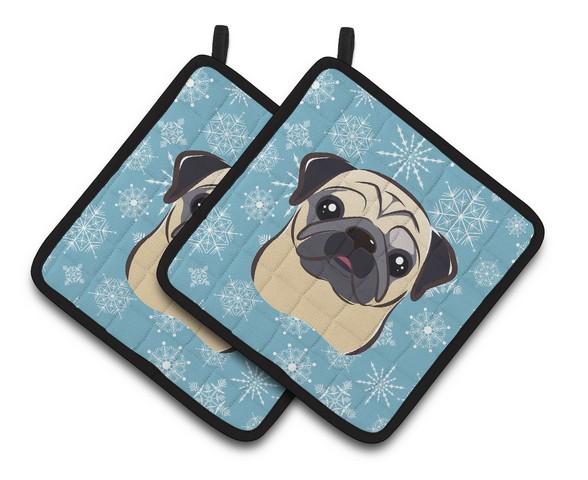 Snowflake Fawn Pug Pair of Pot Holders 7.5 x 3 x 7.5 in.
