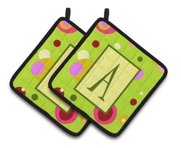 Letter A Monogram - Lime Green Pair of Pot Holders - 7.5 x 3 x 7.5 in.