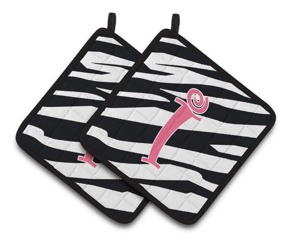 Monogram Initial I Zebra Stripe & Pink Pair of Pot Holders