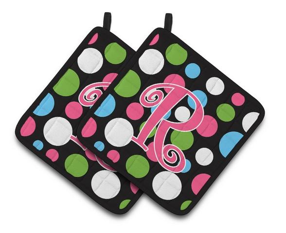 Monogram Initial R Polkadots & Pink Pair of Pot Holders 7.5 x 3 x 7.5 in.
