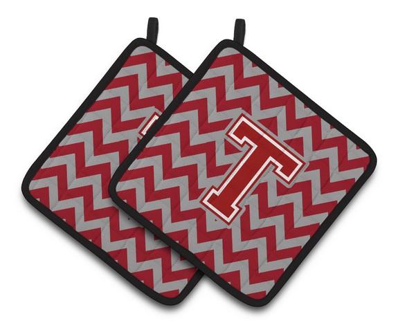 Letter T Chevron Maroon & White Pair of Pot Holders