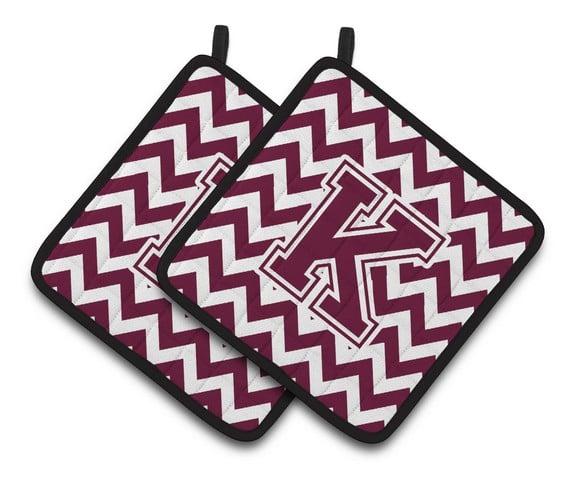 Letter K Chevron Maroon & White Pair of Pot Holders - 7.5 x 3 x 7.5 in.