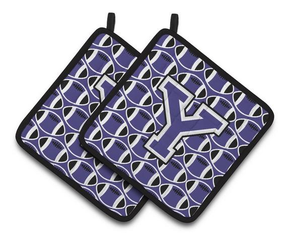 Letter Y Football Purple & White Pair of Pot Holders
