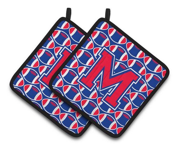Letter M Football Harvard Crimson & Yale Blue Pair of Pot Holders - 7.5 x 3 x 7.5 in.