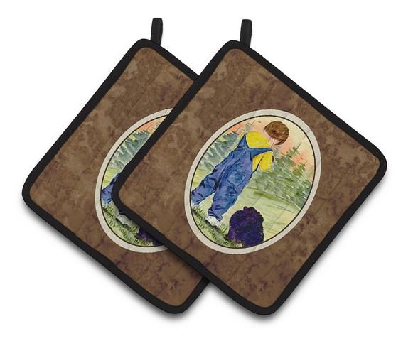 Little Boy with His Pomeranian Pair of Pot Holders 7.5 x 3 x 7.5 in.