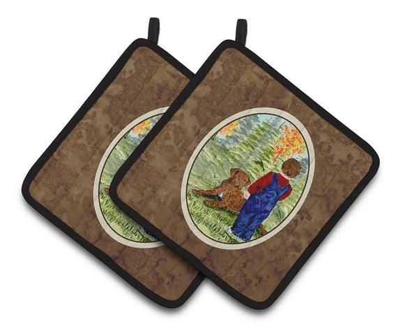 Little Boy with His Chesapeake Bay Retriever Pair of Pot Holders - 7.5 x 3 x 7.5 in.