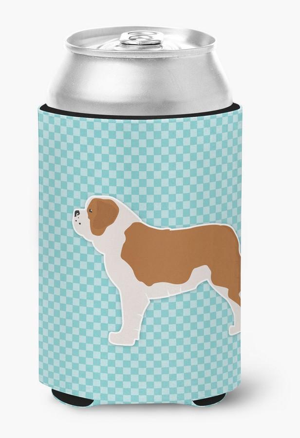 BB3776CC Saint Bernard Checkerboard Blue Can or Bottle Hugger