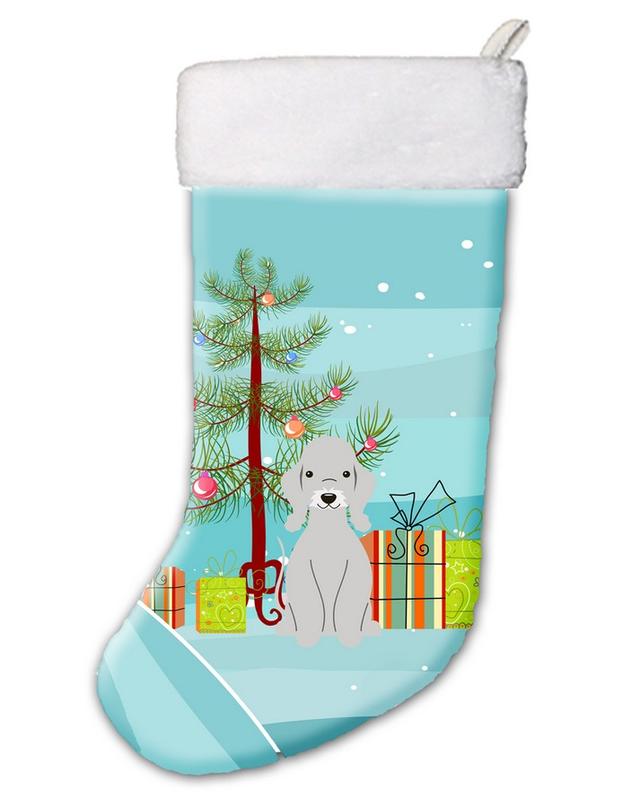 Merry Christmas Tree Bedlington Terrier Blue Christmas Stocking - Blue - 18in. H x 0.25in. W x 11in. L