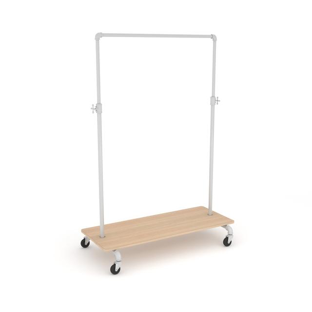PSBBADJWKOK Pipeline Adjustable Ballet Bar Rack with Base Shelf - Gloss White Rack with Raw Oak Wood Grain Base Shelf